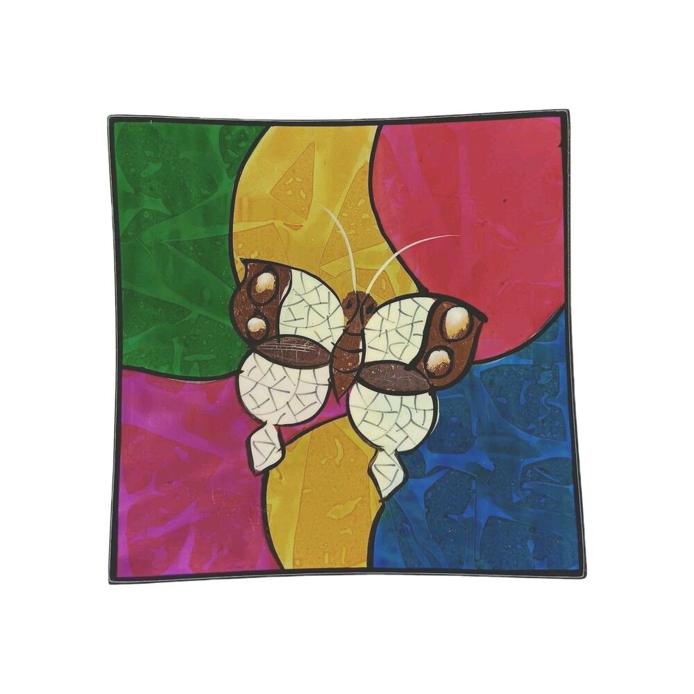 Butterfly Inlaid Laquer Trinket Dish Multicolor 4" Square Vietnam Minh Phuong